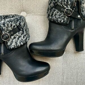 UGG Black Heeled Boots with Gray Fur Cuff